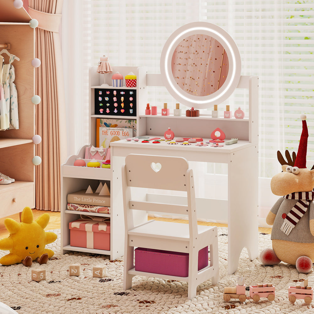 Kids vanity desk with lighted mirror and chair, featuring storage shelves and compartments for pretend play and.