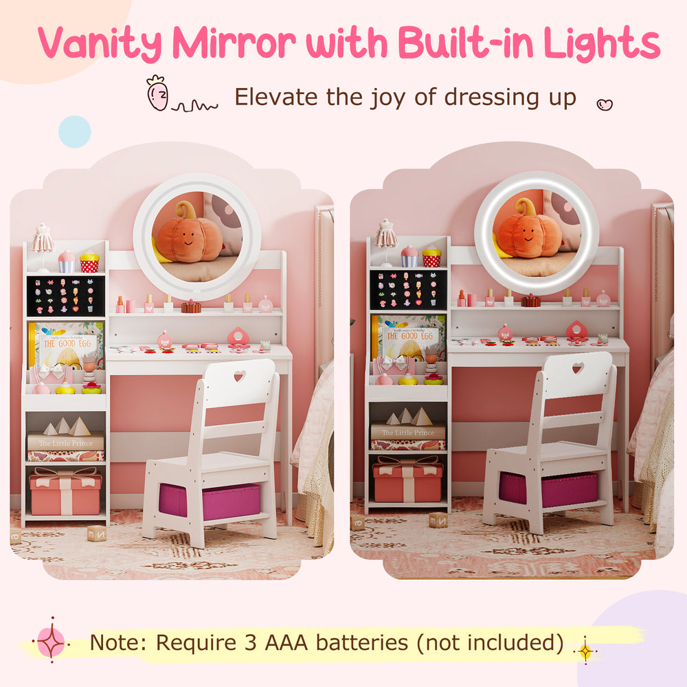 Kids vanity desk with lighted mirror, storage shelves, and chair set in white for pretend play and dressing up.