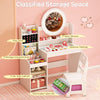 Kids vanity desk with mirror and lights, featuring spacious storage, ring slots, and a comfortable chair for pretend.