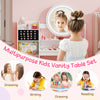 Kids vanity desk with lighted mirror and storage, perfect for dressing, writing, and drawing in white finish.