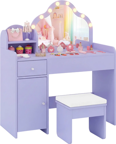 Costway Kids Vanity Desk with Mirror & Lights Princess Dressing Table 32673369 New