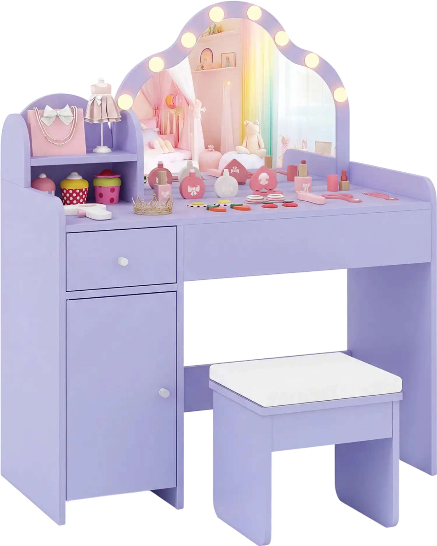 Costway Kids Vanity Desk Mirror Lights Princess Dressing Table 32673369 New