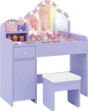 Kids vanity desk in purple with lighted mirror, adjustable shelf, and matching stool for pretend play and dressing up.