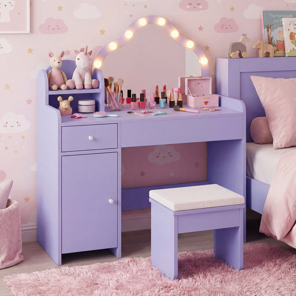 Kids vanity desk in purple with a lighted mirror, drawer, and matching stool for pretend play and dressing up.