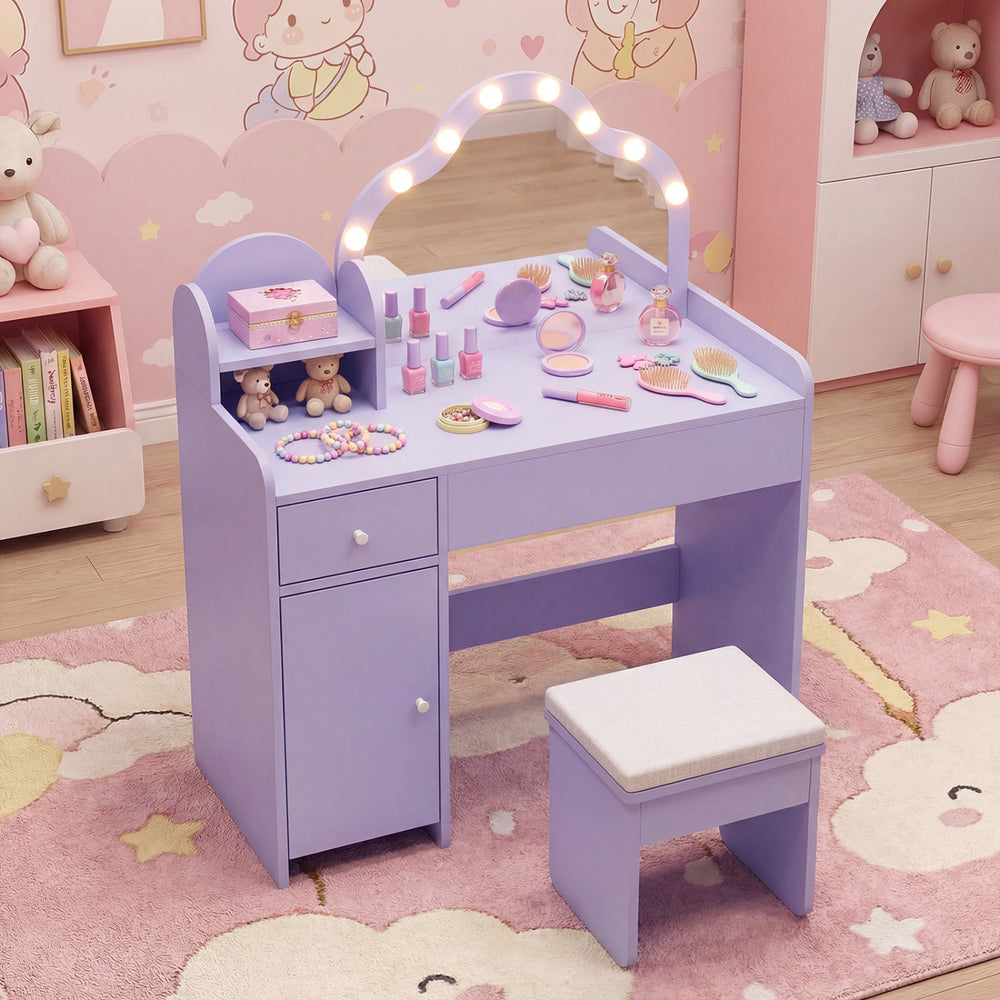Kids vanity desk in purple showcasing a lighted mirror with adjustable brightness, perfect for imaginative play and.