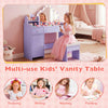Kids vanity desk in purple with lighted mirror, adjustable shelf, and matching stool for dressing and play activities.