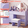 Kids vanity desk in purple with lighted mirror, adjustable colors, and matching stool for pretend play and dressing up.