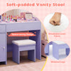 Purple kids vanity stool with soft cushion, designed for space-saving and enhanced stability, perfect for dressing up.