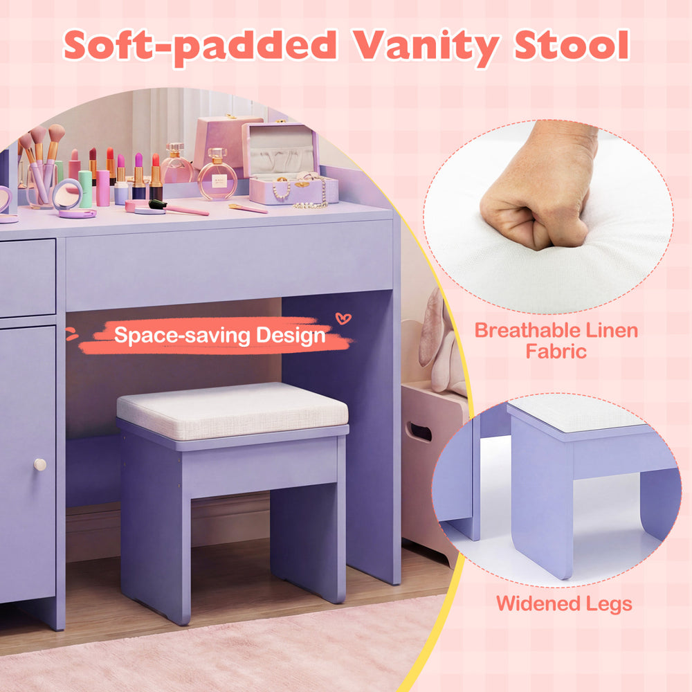 Purple kids vanity stool with soft cushion, designed for space-saving and enhanced stability, perfect for dressing up.