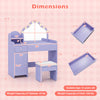 Purple kids vanity desk dimensions chart showing measurements for tabletop, chair, and storage features for pretend.