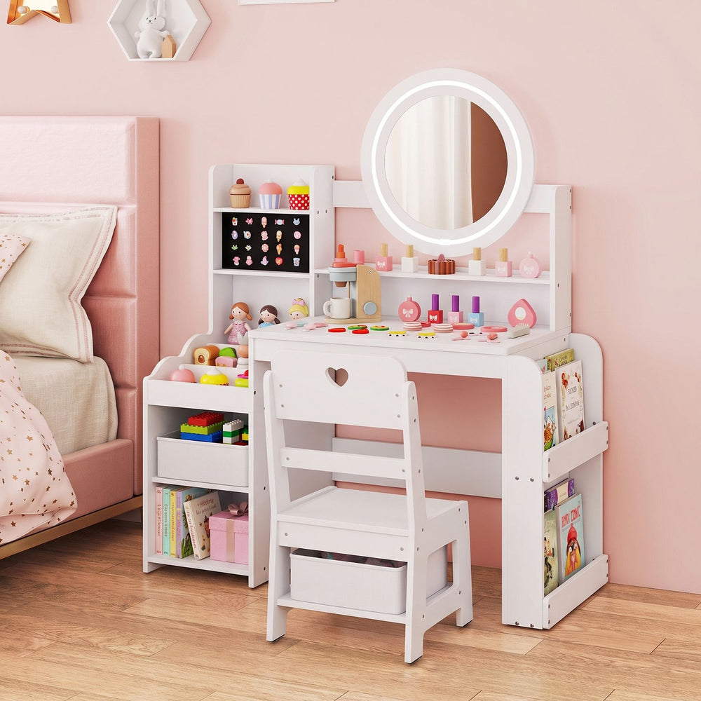 Kids Vanity Desk with Mirror Side Bookshelf and Ring Slots-White - Gallery View 1 of 10