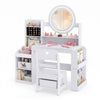 Kids vanity desk in white with a lighted mirror, side bookshelf, and storage for accessories and books, perfect for playtime.