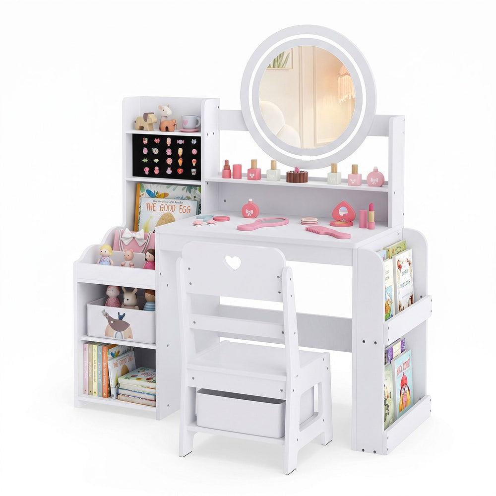 Kids vanity desk in white with a lighted mirror, side bookshelf, and storage for accessories and books, perfect for playtime.