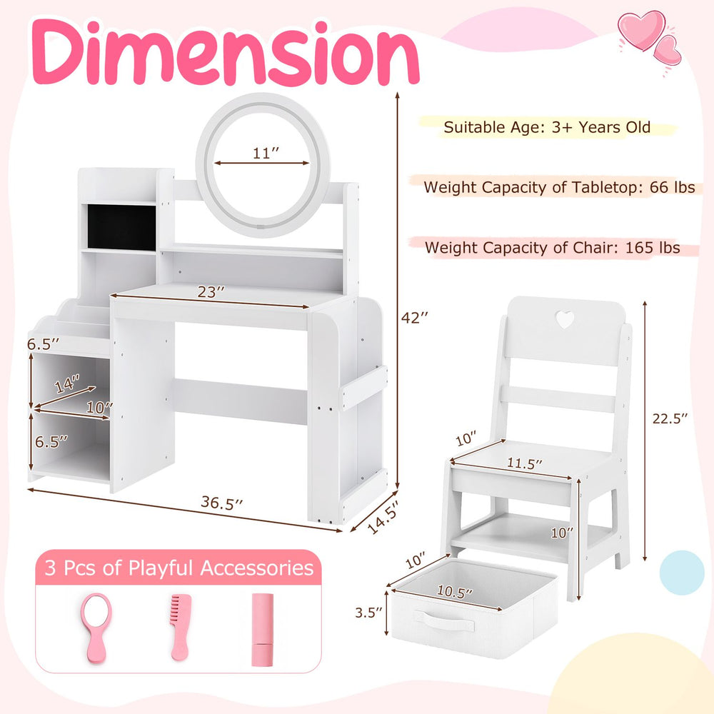Kids vanity chair in white with heart cutout and removable fabric bin, designed for comfort and playful storage.