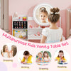 Kids vanity desk set in white features a lighted mirror, side bookshelf, and storage for accessories and books.