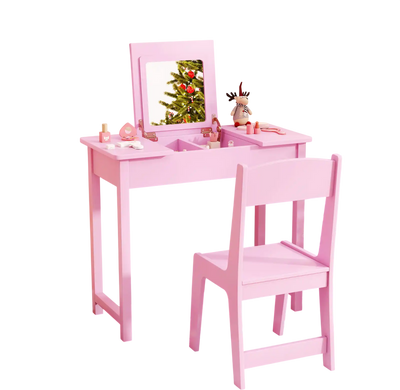 Costway 2-in-1 Kids Vanity Makeup Table Chair Set Flip Top Mirror Pink 62475391 New