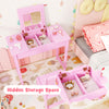Kids vanity makeup table and chair set in pink with flip top mirror and hidden storage space for toys and supplies.