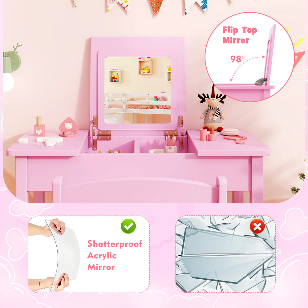 Kids vanity makeup table set in pink with a flip top shatterproof mirror, ideal for imaginative play and storage.