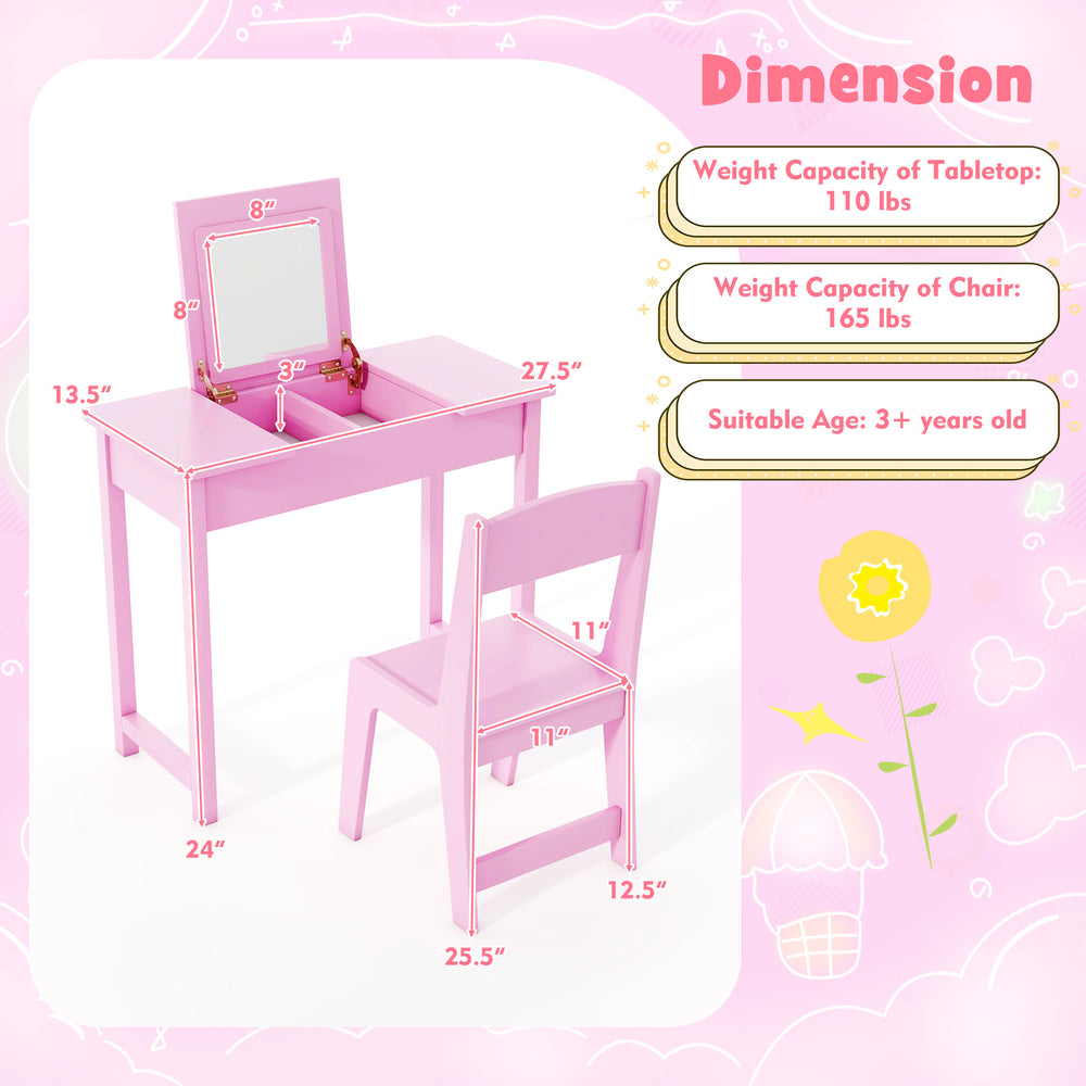 Kids vanity makeup table and chair set in pink with flip top mirror, ideal for arts and crafts or imaginative play.
