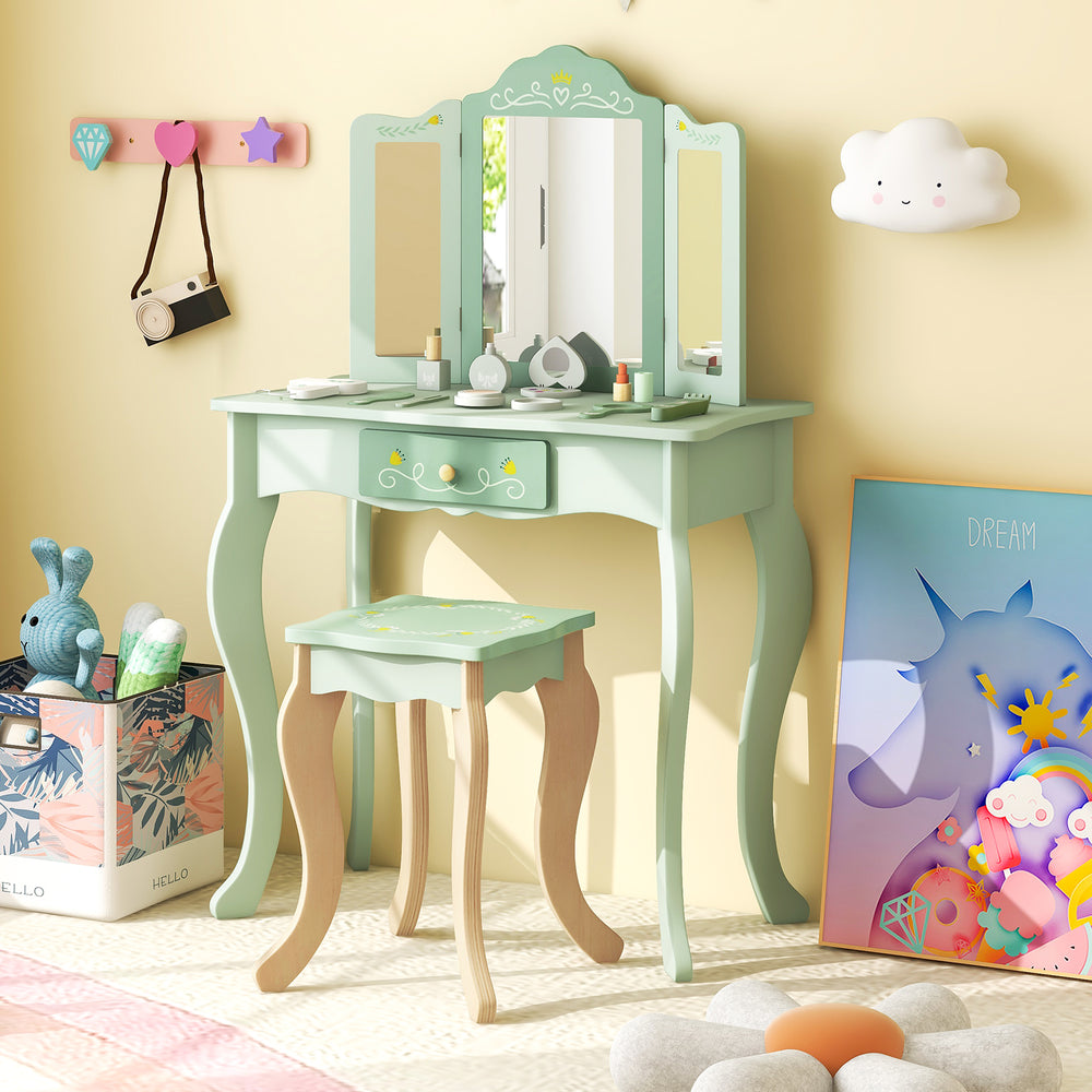 Kids Vanity Set with Tri-folding Mirror-Green - Gallery View 1 of 10