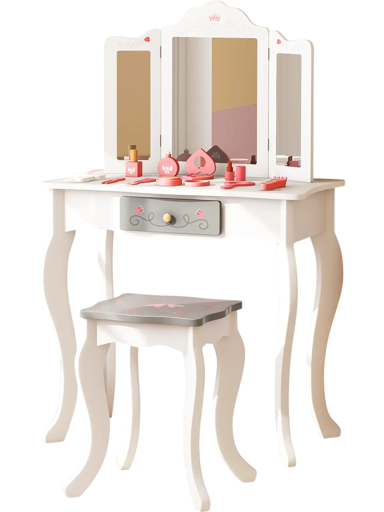 Costway Kids Vanity Set Tri-Folding Mirror White 72936548 New