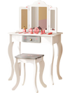Kids vanity set with tri-folding mirror in white, featuring a charming design and safe materials for ages 3+.