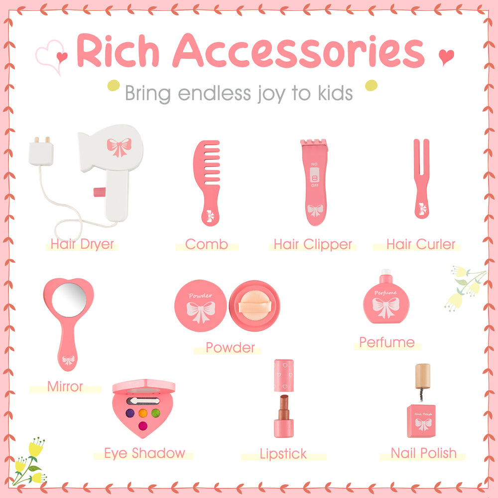 Kids vanity set featuring a tri-folding mirror and rich accessories, perfect for little princesses aged 3+ years.