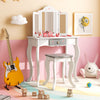 Kids vanity set with acrylic tri-folding mirror and sturdy chair, designed for imaginative play and stability in white.