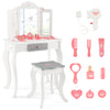 Kids vanity set with tri-folding mirror, pink accessories, and white finish, perfect for imaginative play and decor.