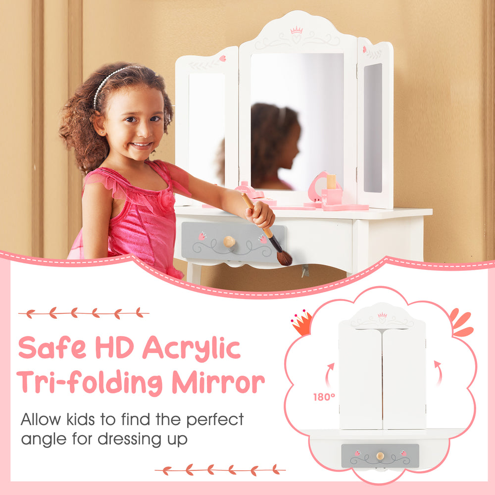 Kids vanity set with white tri-folding mirror, featuring safe acrylic and removable design for endless play and.