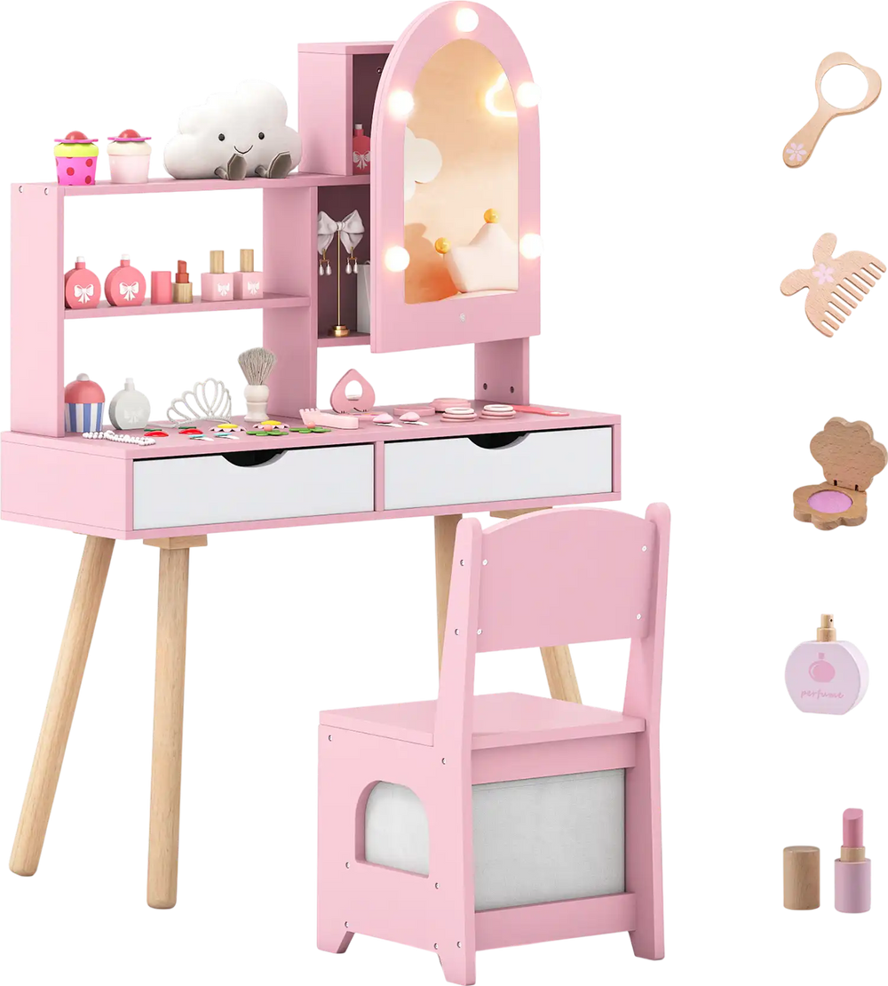 Kids vanity set in pink with adjustable lighted mirror, storage drawers, and chair for pretend play and dressing up.