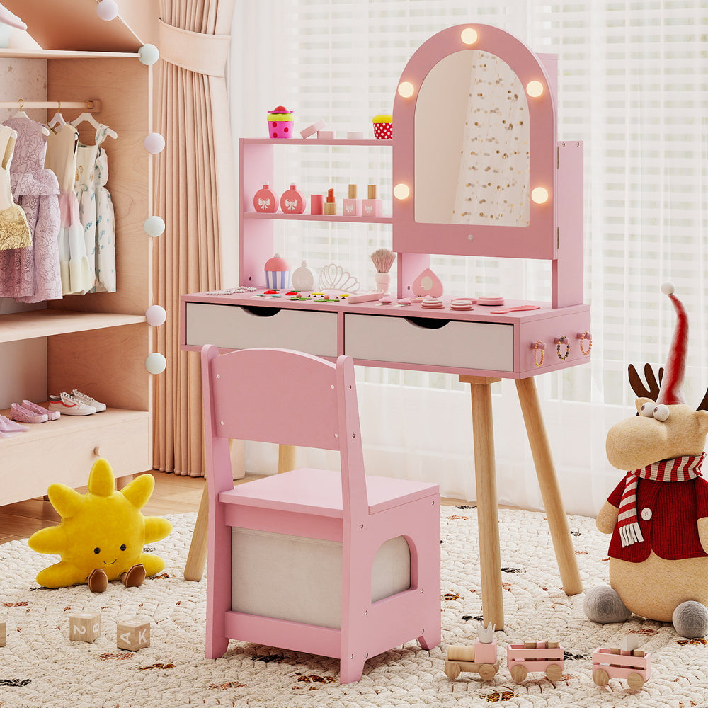 Kids vanity set in pink showcasing a close-up of the 3-color lighted mirror and storage hooks for accessories.