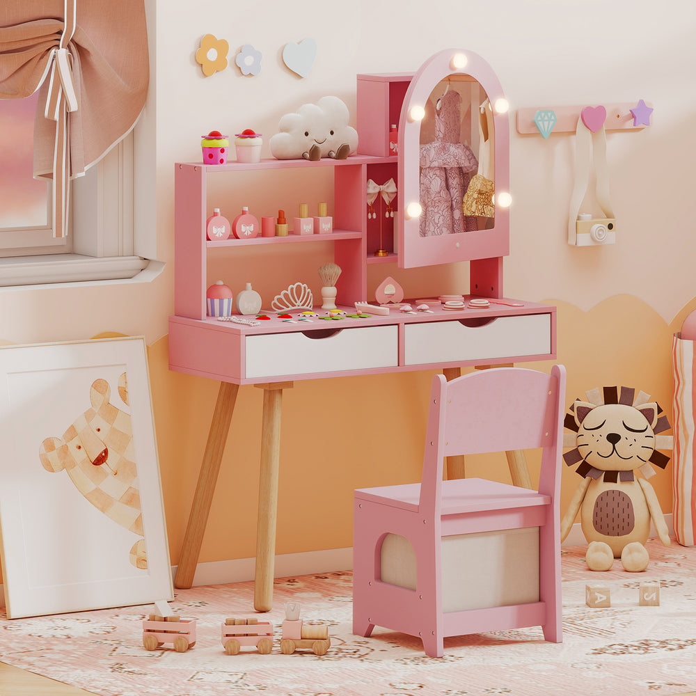 Kids Vanity Set Pretend Play Dressing Table Set with 3-Color Lighting Modes Adjustable Brightness and Mirror Cabinet-Pink - Gallery View 1 of 11