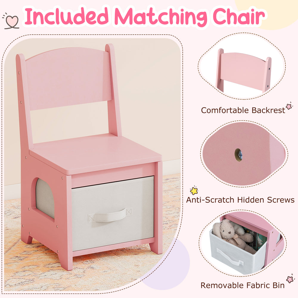 Kids vanity set includes a pink chair with a comfortable backrest and removable fabric bin for storage.