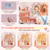 Kids vanity set with a pink 3-color lighted mirror, adjustable brightness, and ample storage for pretend play.