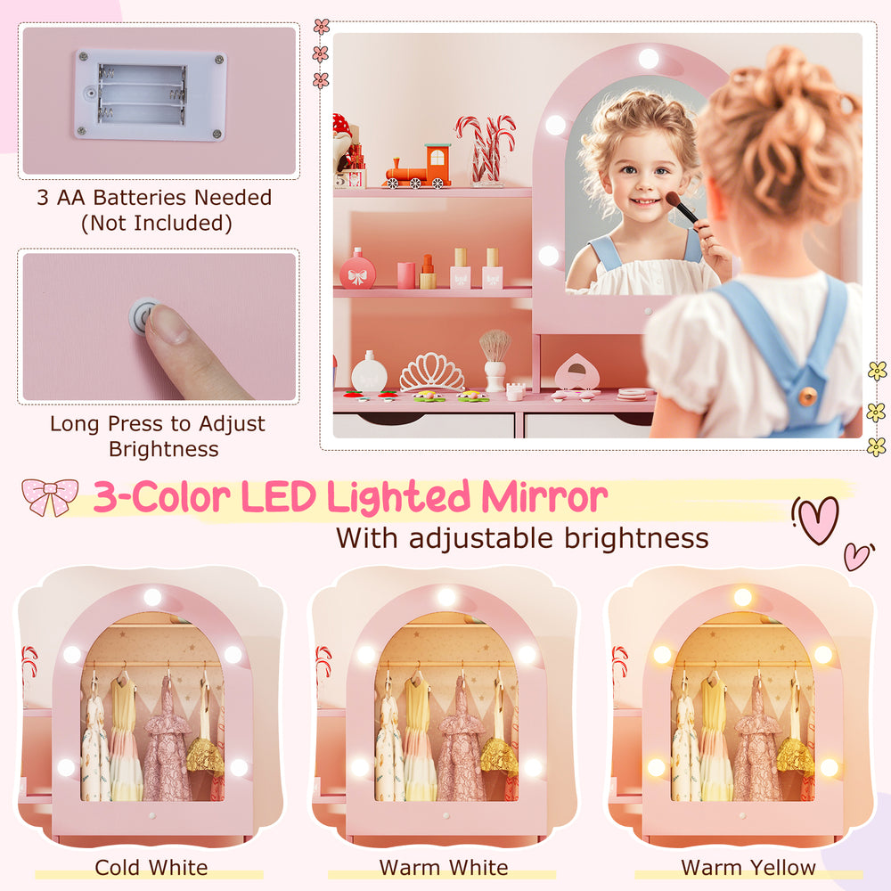 Kids vanity set with a pink 3-color lighted mirror, adjustable brightness, and ample storage for pretend play.