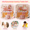 Kids vanity table set in pink with adjustable lighted mirror, storage drawers, and chair for dressing, drawing, and.