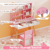 Kids vanity set in pink featuring a lighted mirror, ample storage, and a comfortable chair for pretend play activities.