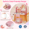 Kids vanity set in pink with adjustable lighted mirror, ample storage, and anti-toppling device for safe pretend play.