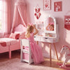 Kids vanity set in white with adjustable lighted mirror, ample storage, and a comfortable chair for pretend play.