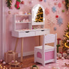 Kids vanity set in white with adjustable lighted mirror, ample storage, and comfortable chair for pretend play activities.