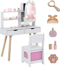 Kids vanity set with adjustable lighted mirror, ample storage, and included accessories for pretend play and dressing up.