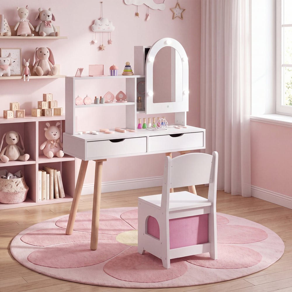 Kids vanity set in white with adjustable lighted mirror, storage drawers, and a chair, perfect for pretend play and dressing up.