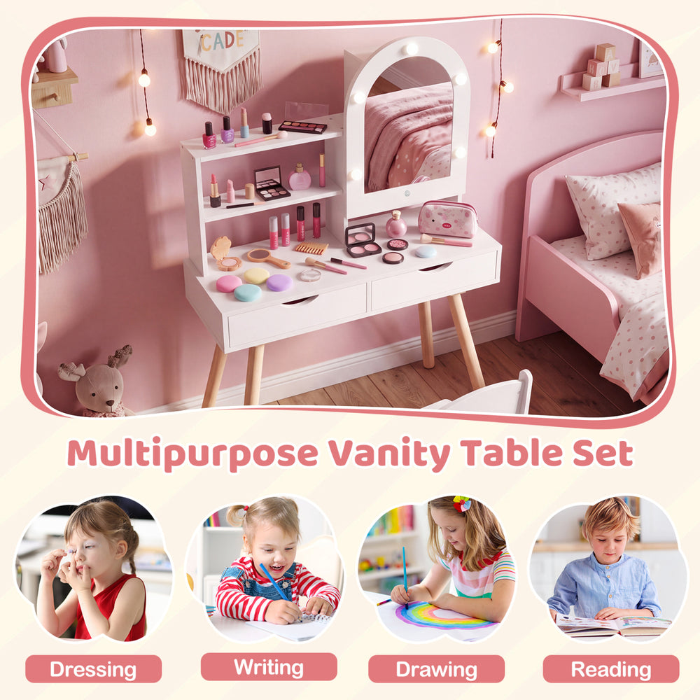 Kids vanity set with adjustable lighted mirror, ample storage, and comfortable chair for dressing, writing, and pretend play.