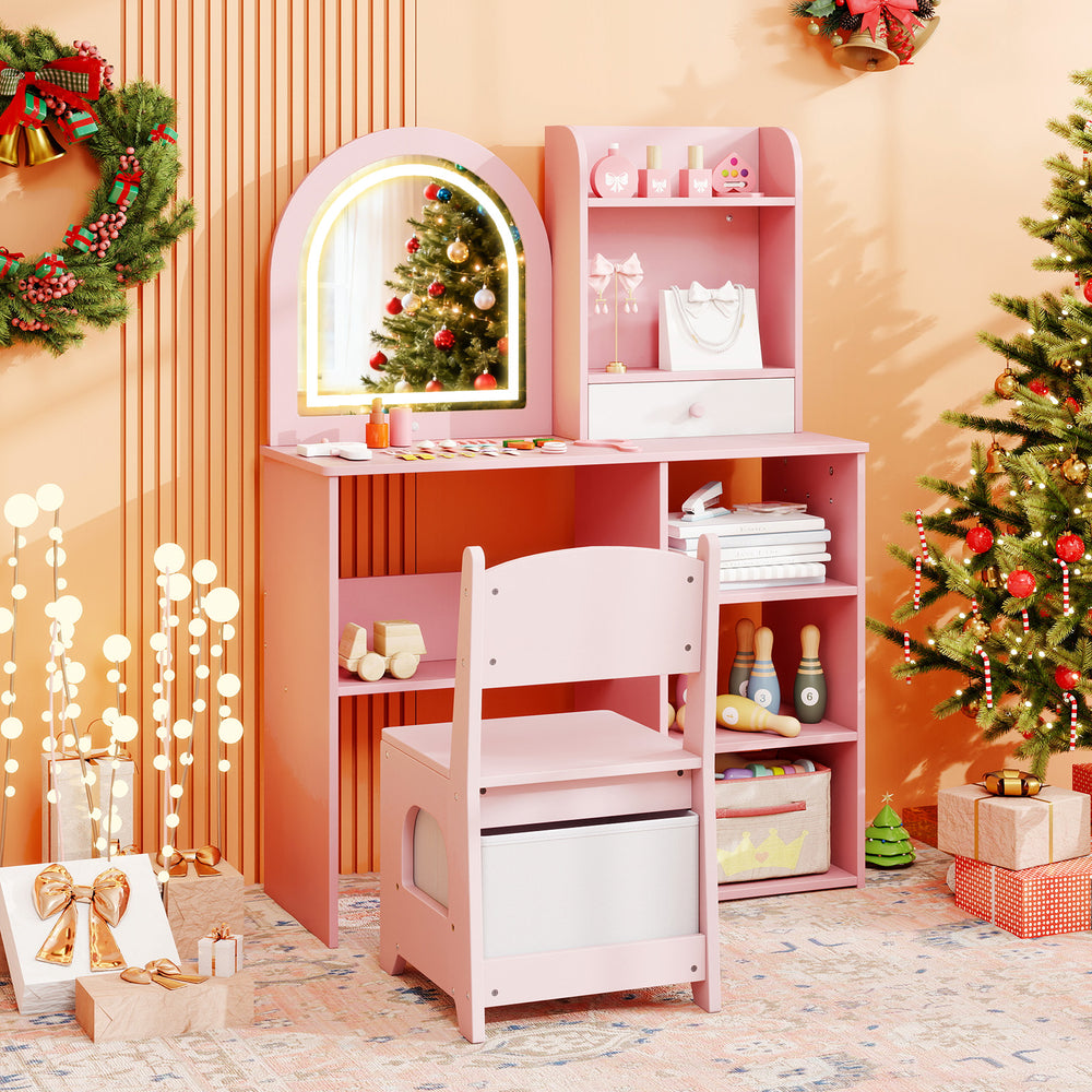 Kids Vanity Set Princess Girls Makeup Vanity Desk with Chair and 3-Color LED Lighted Mirror-Pink - Gallery View 1 of 13