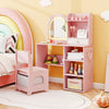 Kids vanity set in pink with LED lighted mirror, storage shelves, and chair for ergonomic comfort in a playful room.
