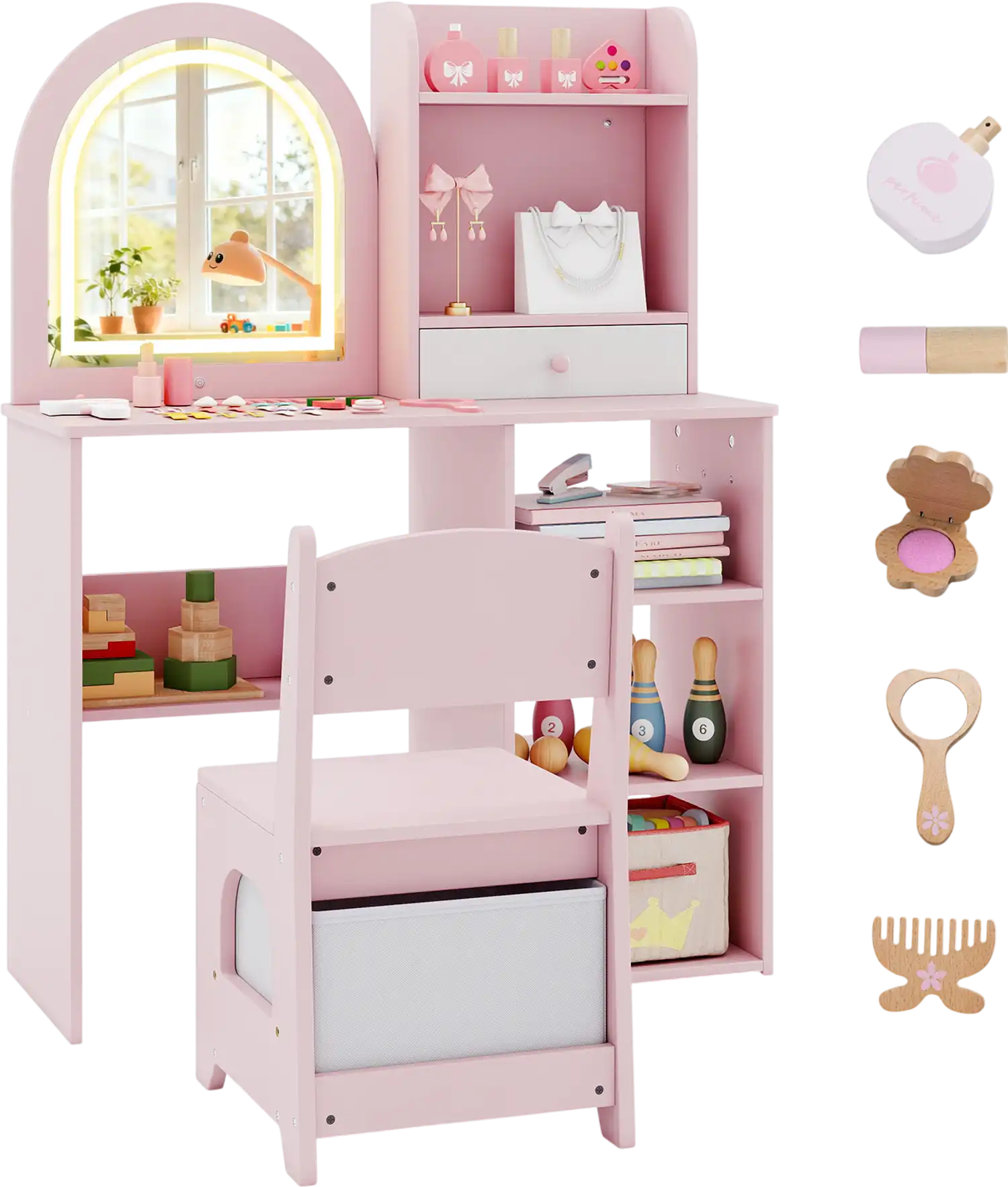 Costway Kids Princess Makeup Vanity Desk Chair 3-Color LED Mirror 55618773 New