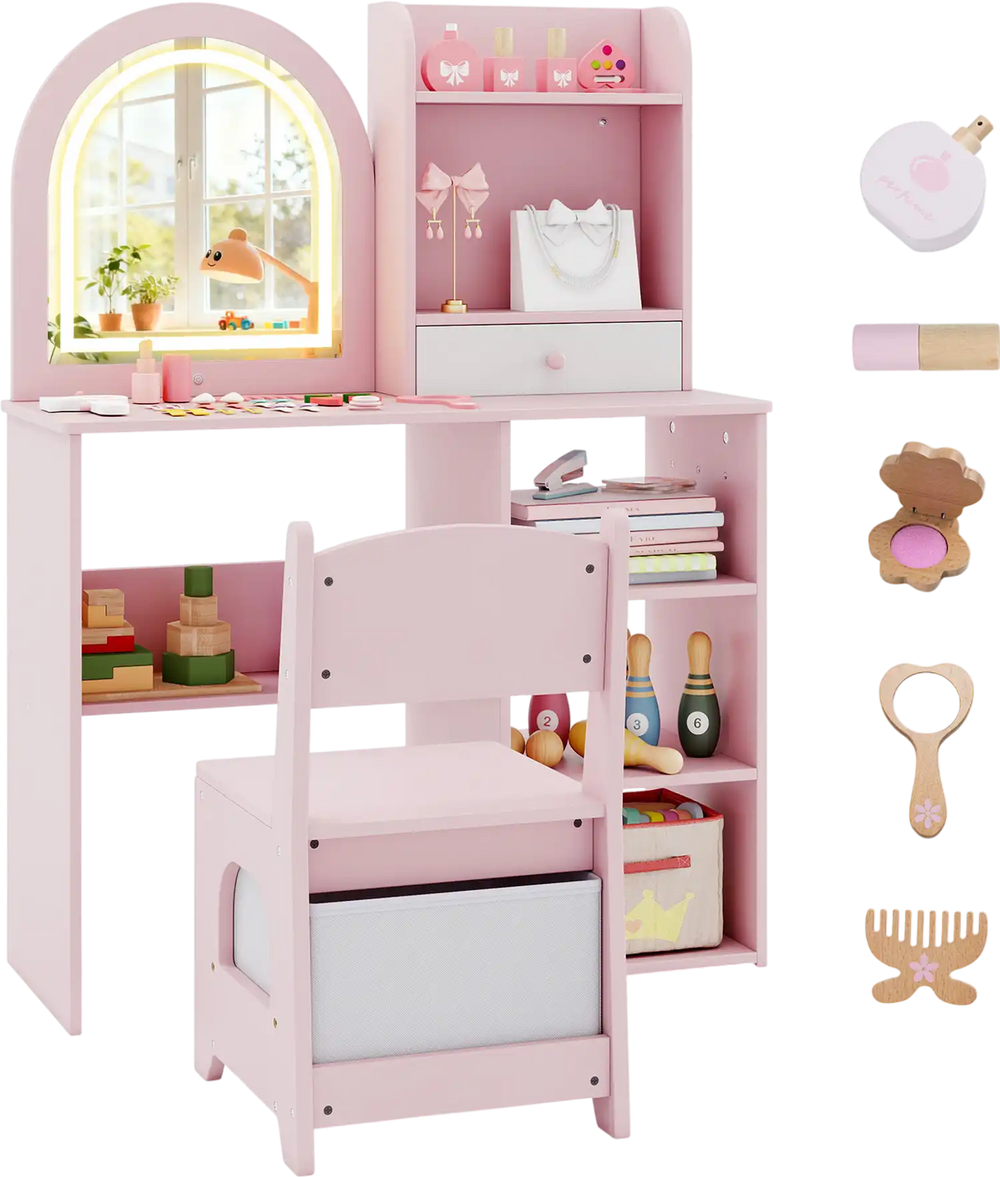 Kids vanity set in pink featuring a LED lighted mirror, storage shelves, and ergonomic chair for young girls.