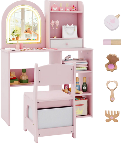 Costway Kids Princess Makeup Vanity Desk Chair 3-Color LED Mirror 55618773 New