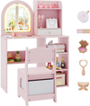 Kids vanity set in pink featuring a LED lighted mirror, storage shelves, and ergonomic chair for young girls.